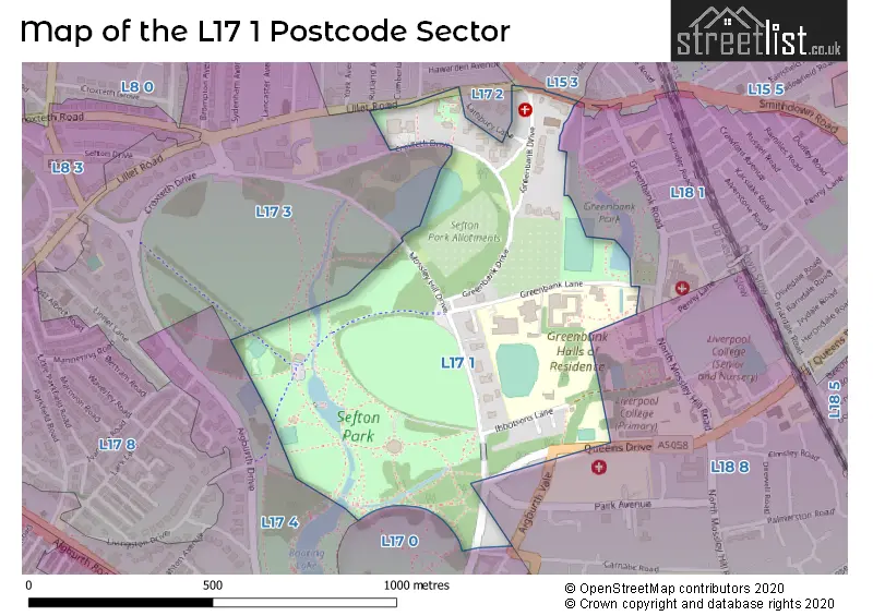 Map of the L17 1 and surrounding postcode sector