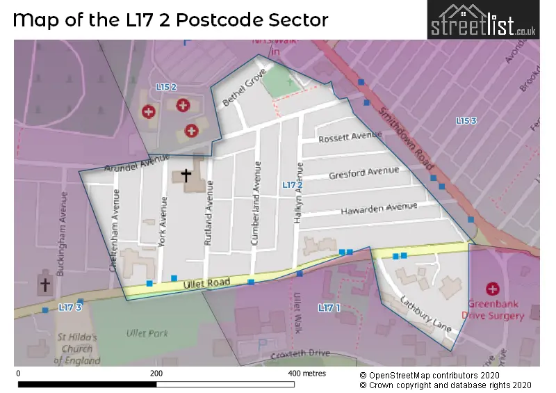 Map of the L17 2 and surrounding postcode sector