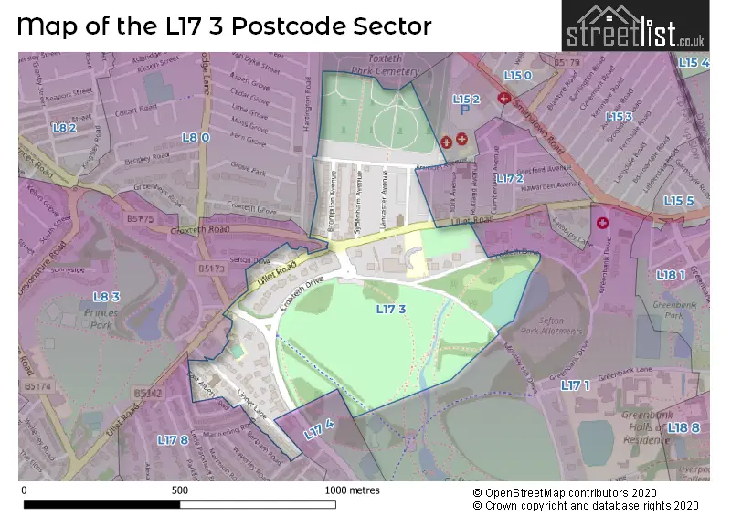 Map of the L17 3 and surrounding postcode sector