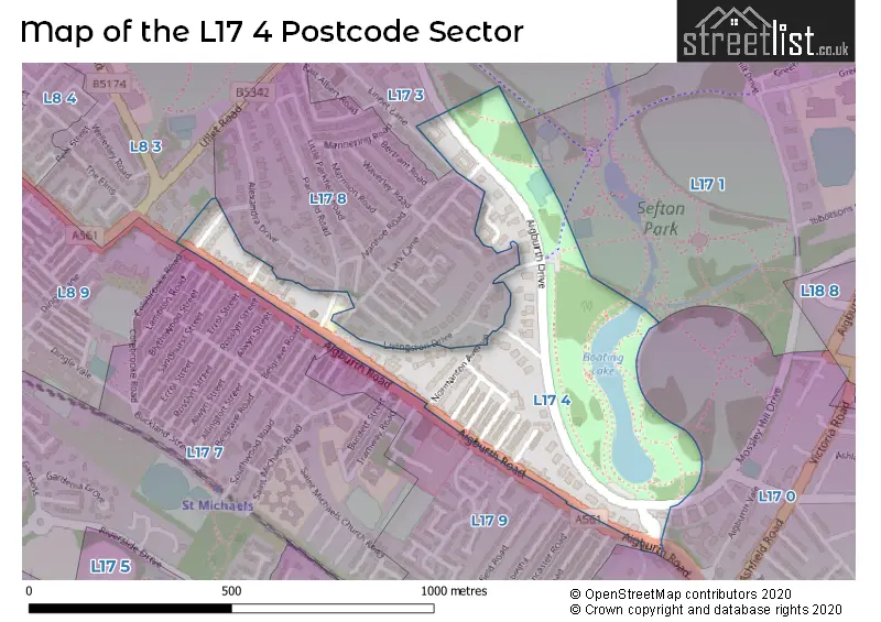 Map of the L17 4 and surrounding postcode sector