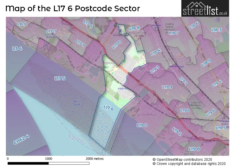 Map of the L17 6 and surrounding postcode sector