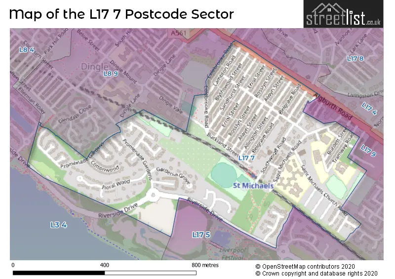 Map of the L17 7 and surrounding postcode sector