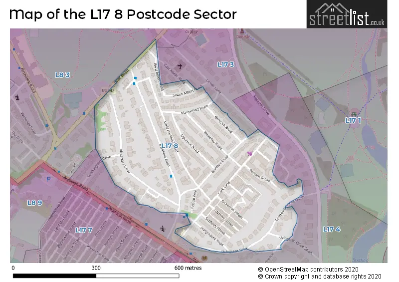 Map of the L17 8 and surrounding postcode sector