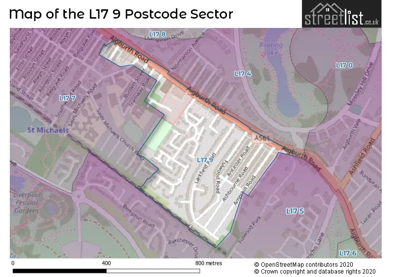 Map of the L17 9 and surrounding postcode sector
