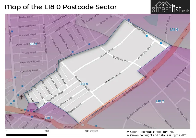 Map of the L18 0 and surrounding postcode sector