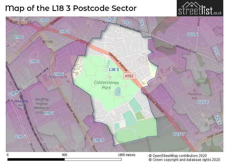 Map of the L18 3 and surrounding postcode sector