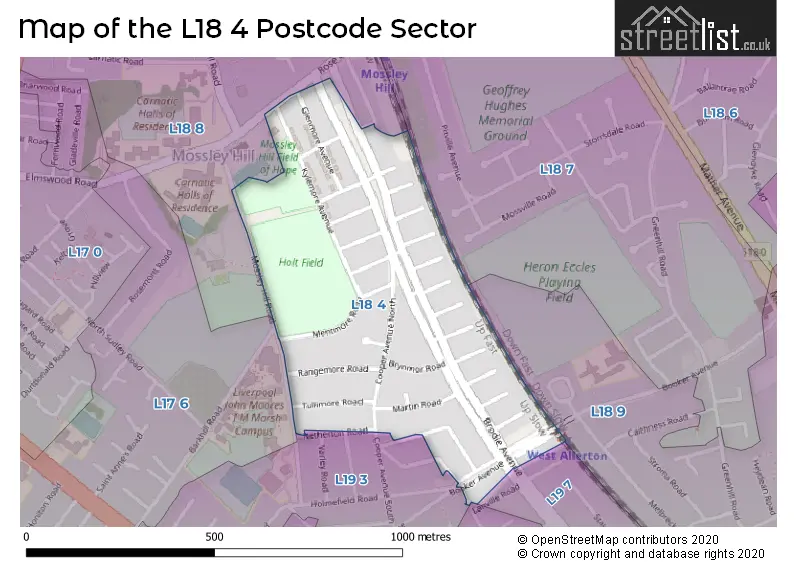 Map of the L18 4 and surrounding postcode sector