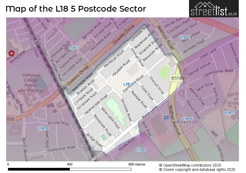 Map of the L18 5 and surrounding postcode sector