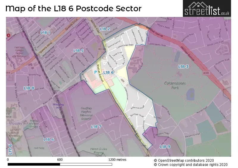 Map of the L18 6 and surrounding postcode sector