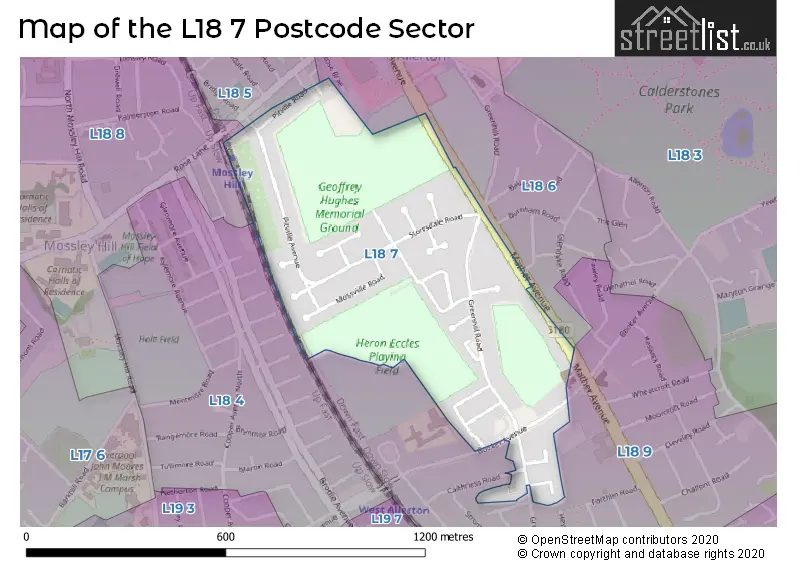 Map of the L18 7 and surrounding postcode sector