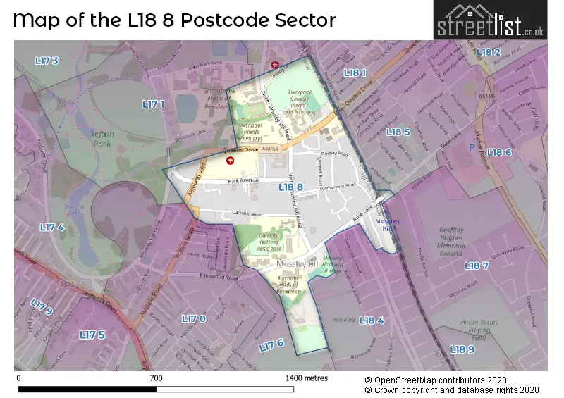 Map of the L18 8 and surrounding postcode sector