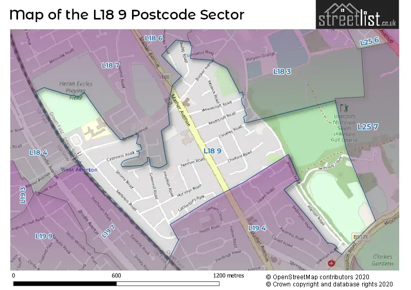 Map of the L18 9 and surrounding postcode sector