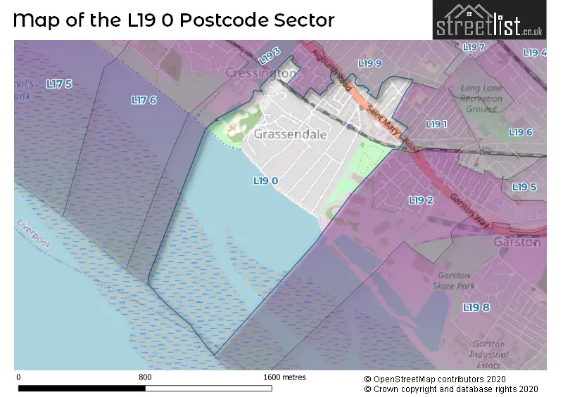 Map of the L19 0 and surrounding postcode sector