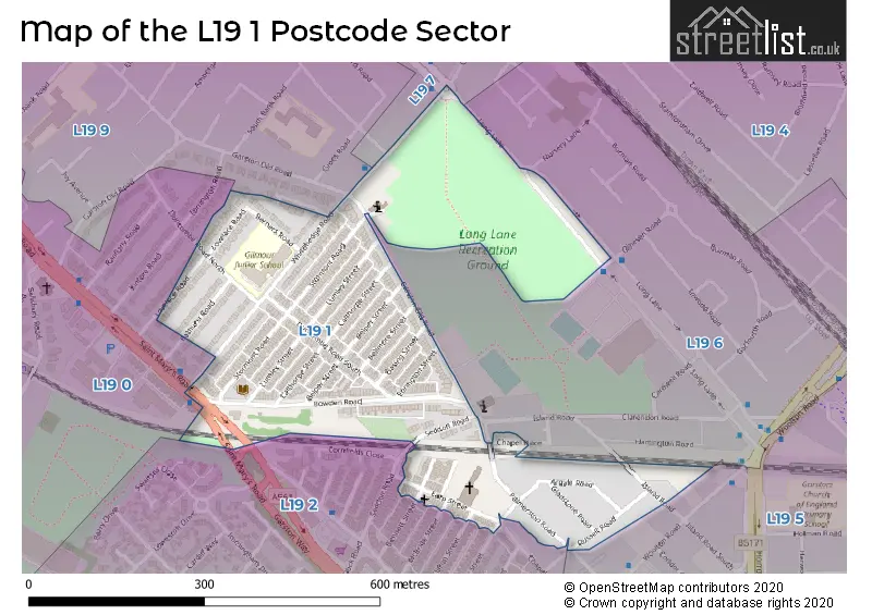 Map of the L19 1 and surrounding postcode sector