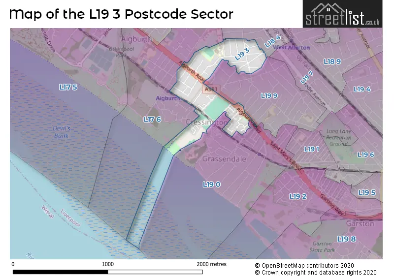 Map of the L19 3 and surrounding postcode sector