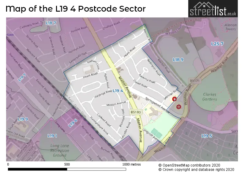 Map of the L19 4 and surrounding postcode sector
