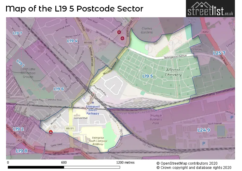 Map of the L19 5 and surrounding postcode sector