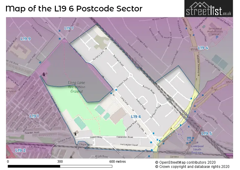 Map of the L19 6 and surrounding postcode sector