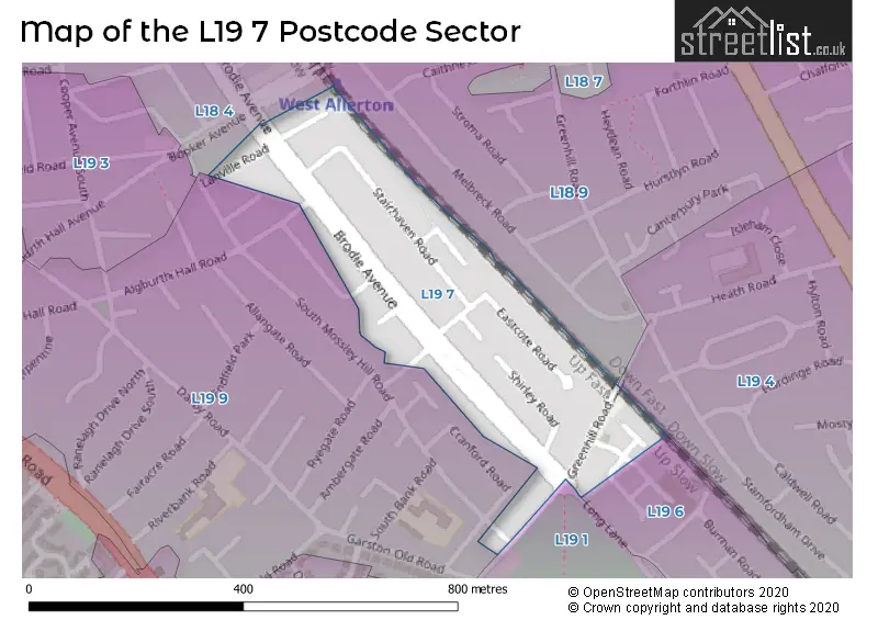 Map of the L19 7 and surrounding postcode sector