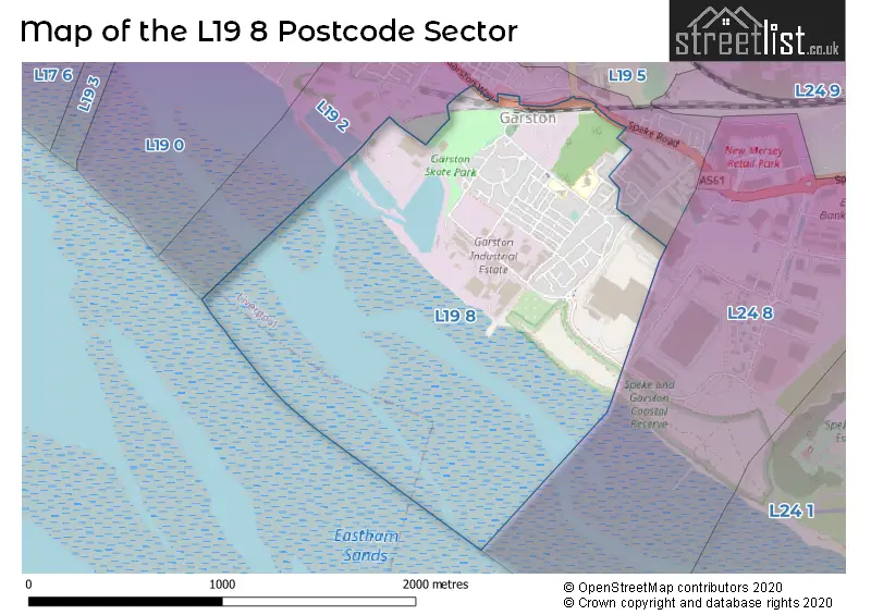 Map of the L19 8 and surrounding postcode sector