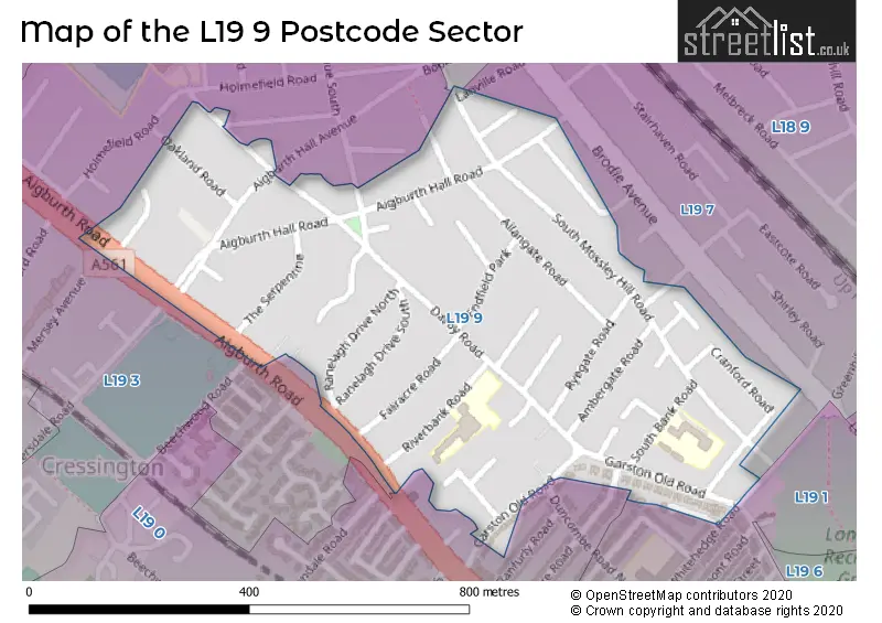 Map of the L19 9 and surrounding postcode sector