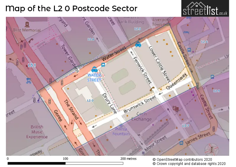 Map of the L2 0 and surrounding postcode sector