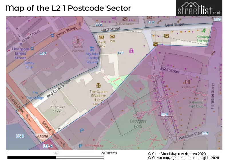 Map of the L2 1 and surrounding postcode sector