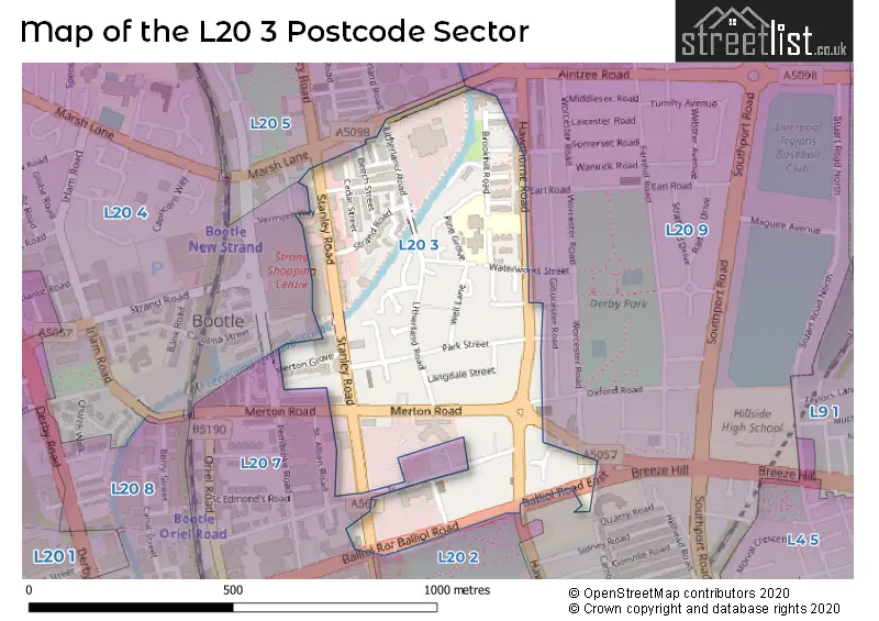 Map of the L20 3 and surrounding postcode sector