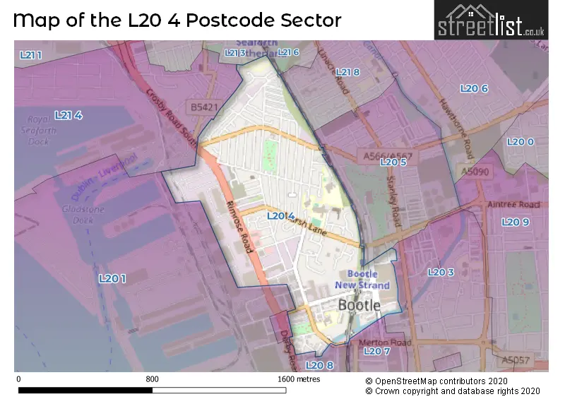 Map of the L20 4 and surrounding postcode sector