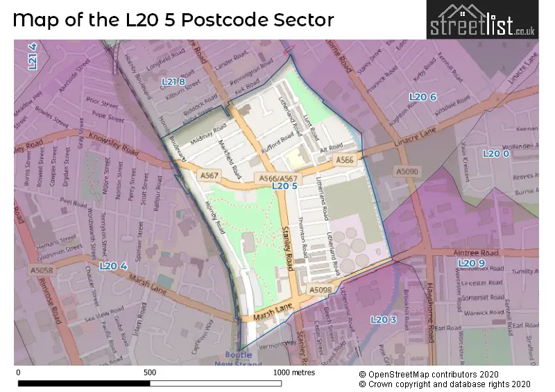 Map of the L20 5 and surrounding postcode sector
