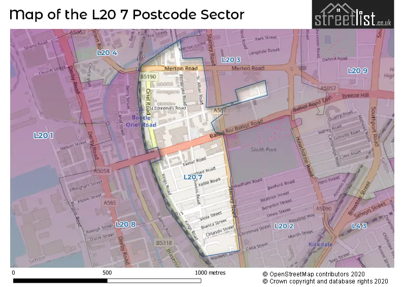Map of the L20 7 and surrounding postcode sector