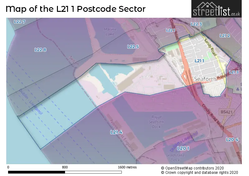 Map of the L21 1 and surrounding postcode sector