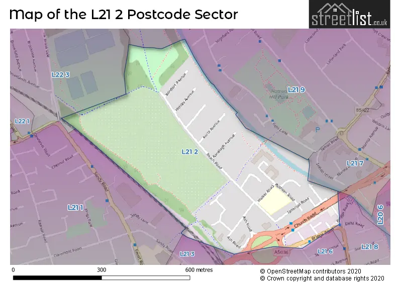 Map of the L21 2 and surrounding postcode sector