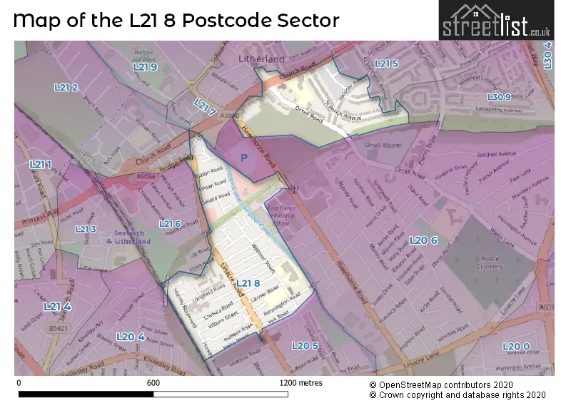 Map of the L21 8 and surrounding postcode sector