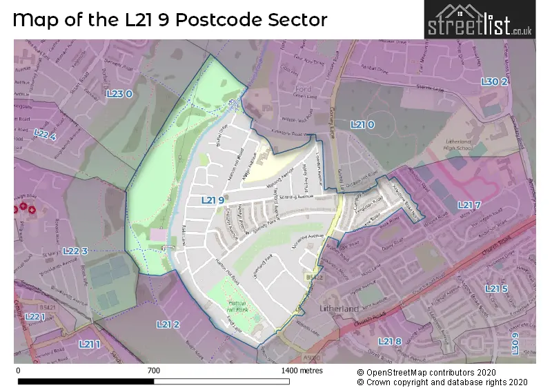 Map of the L21 9 and surrounding postcode sector