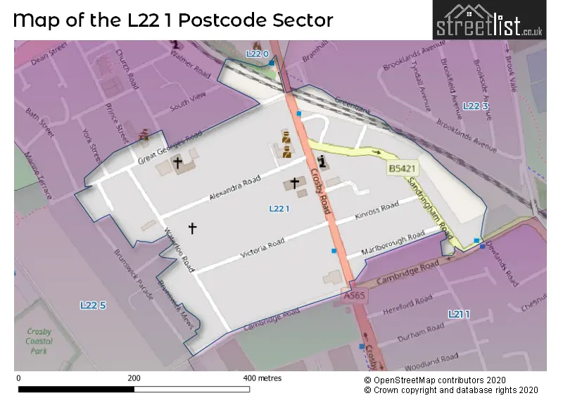 Map of the L22 1 and surrounding postcode sector