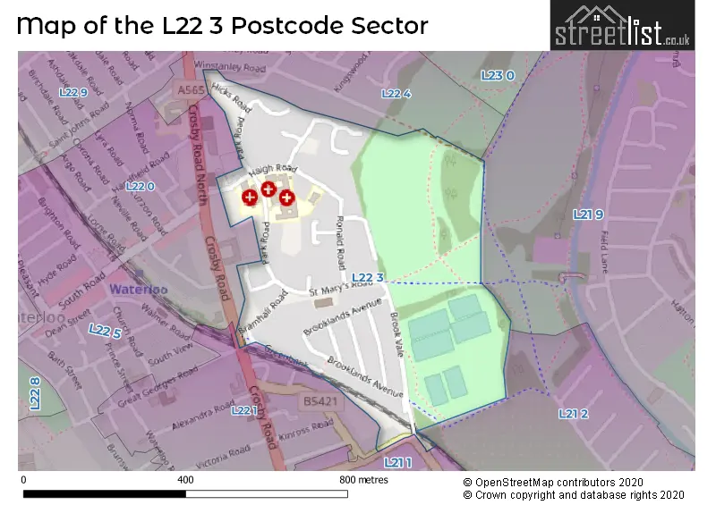 Map of the L22 3 and surrounding postcode sector