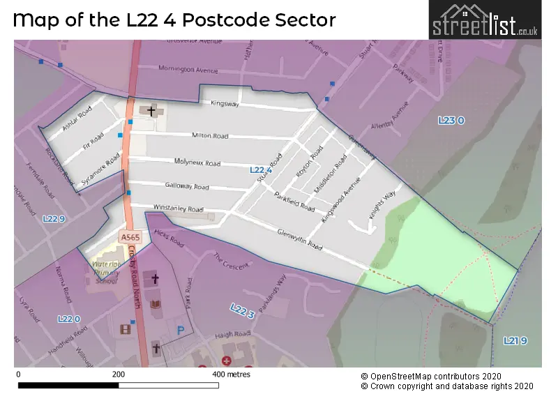 Map of the L22 4 and surrounding postcode sector