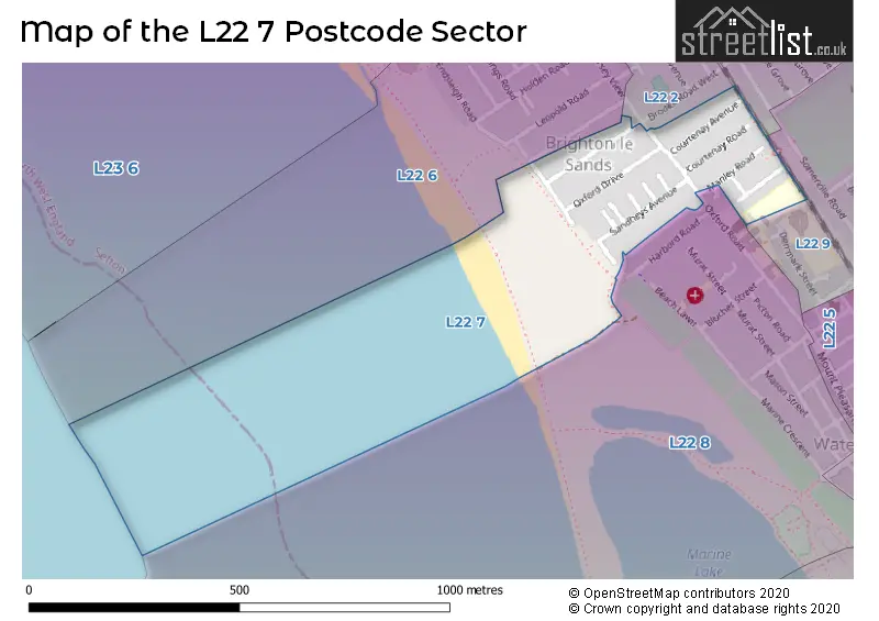 Map of the L22 7 and surrounding postcode sector