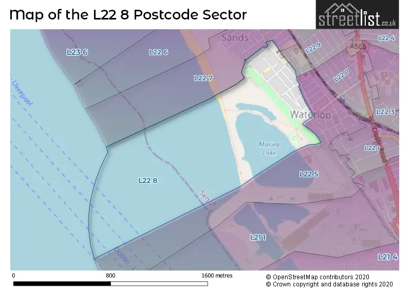Map of the L22 8 and surrounding postcode sector