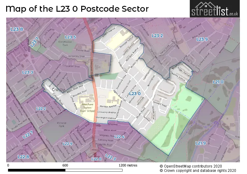 Map of the L23 0 and surrounding postcode sector