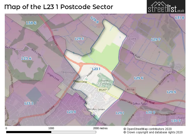 Map of the L23 1 and surrounding postcode sector