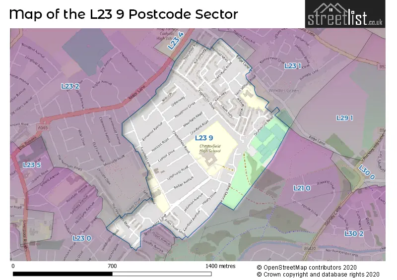 Map of the L23 9 and surrounding postcode sector