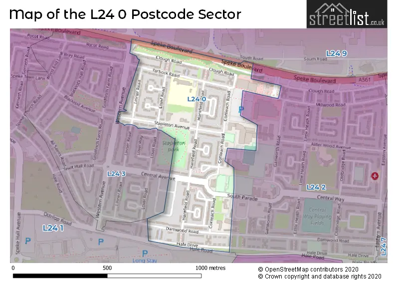 Map of the L24 0 and surrounding postcode sector