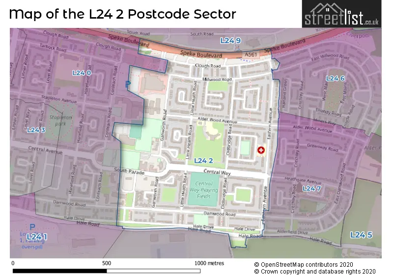 Map of the L24 2 and surrounding postcode sector