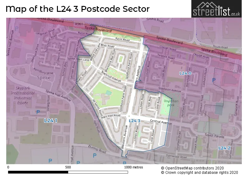 Map of the L24 3 and surrounding postcode sector