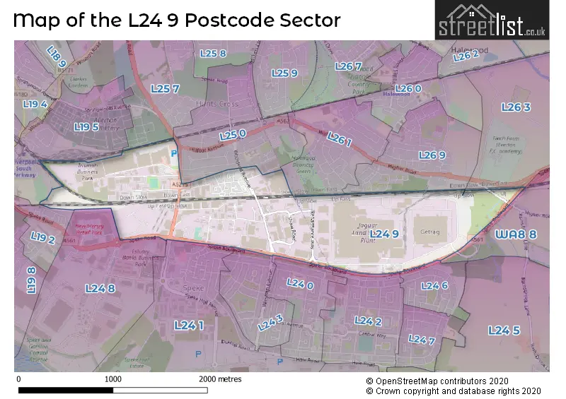 Map of the L24 9 and surrounding postcode sector