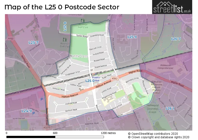 Map of the L25 0 and surrounding postcode sector