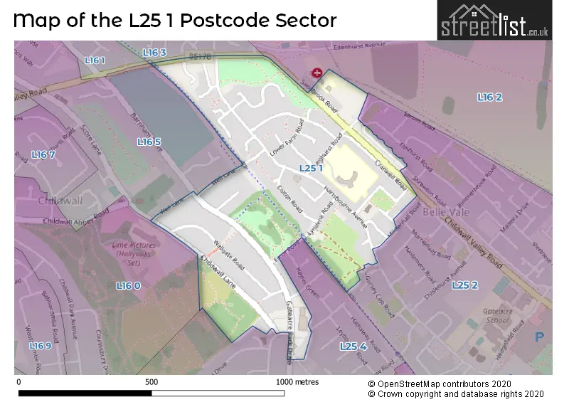 Map of the L25 1 and surrounding postcode sector