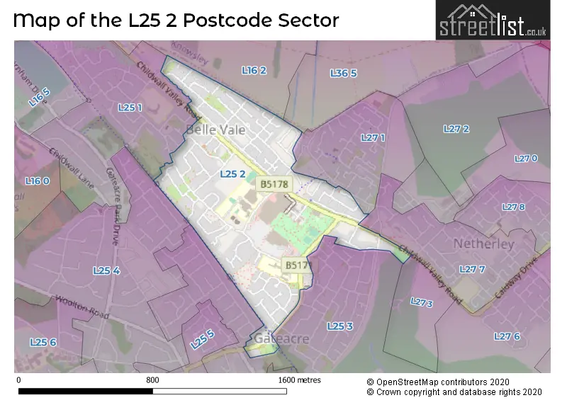 Map of the L25 2 and surrounding postcode sector